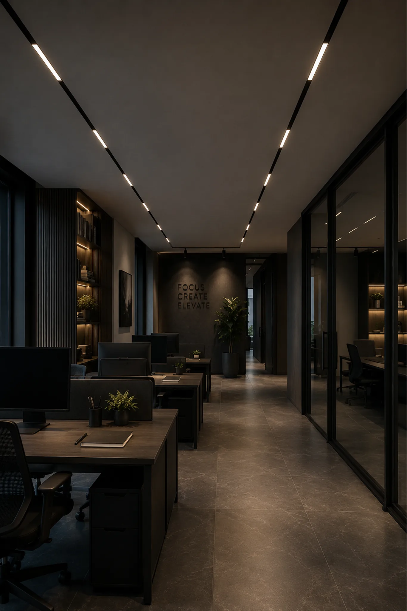 Contemporary office illuminated by Fenoza lighting