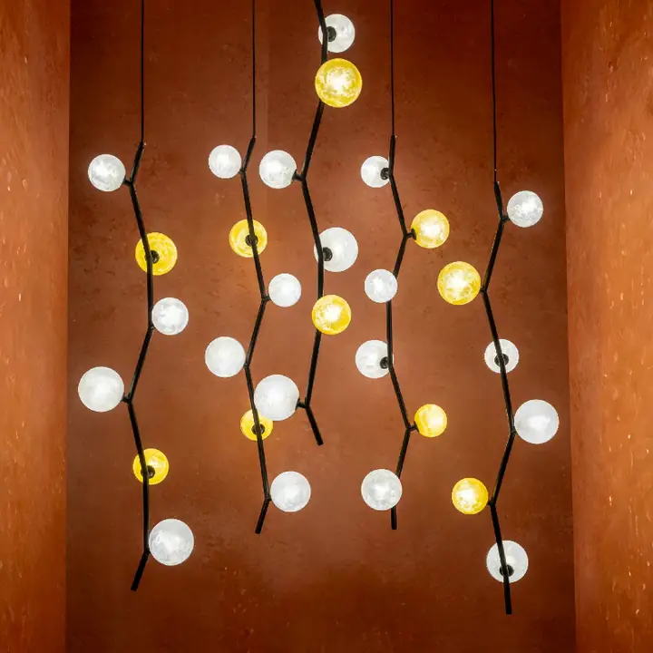 Silk pendants with hand-printed glass shades