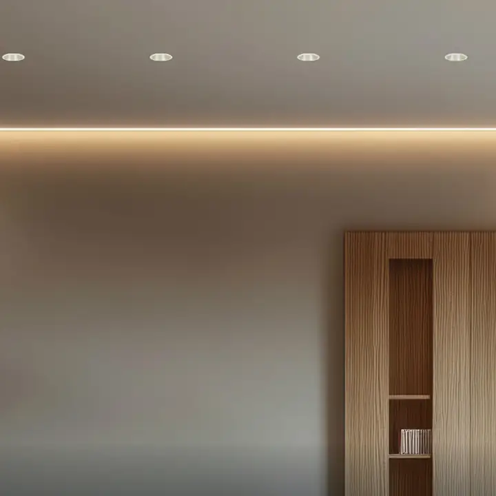 Stack downlights recessed into an office ceiling with a cove